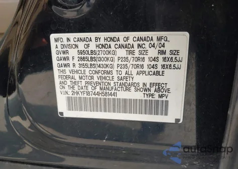 2004 Honda Pilot Ex from USA, damaged, VIN 2HKYF18744H581441